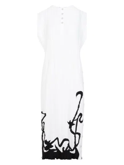 Lanvin Sleeveless Pleated Midi Dress With Abstract Pattern In White