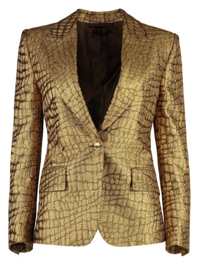 Tom Ford Metallic Croc-jacquard Single-breasted Blazer Jacket In Animalier