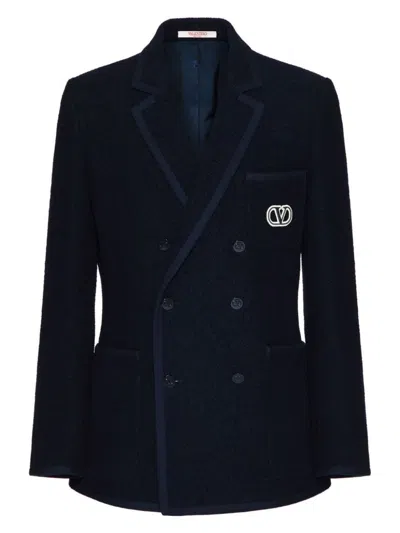 Shop Valentino Men's Vlogo Wool Double-breasted Jacket In Blue