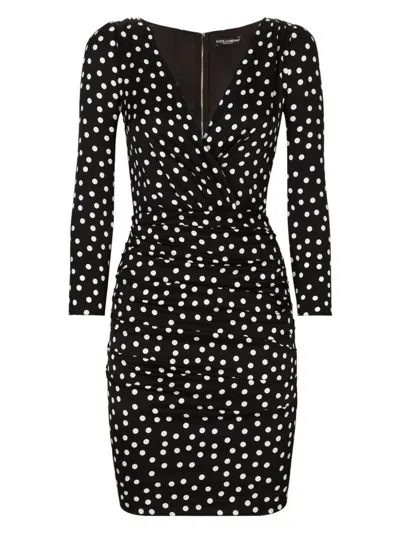 Dolce & Gabbana Polka Dot-printed Plunging V-neck Mini Dress In Pbianfnero
