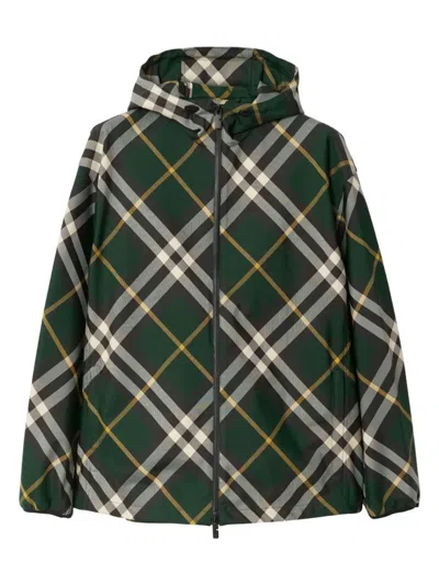Burberry Check-pattern Zipped Hooded Jacket In Green