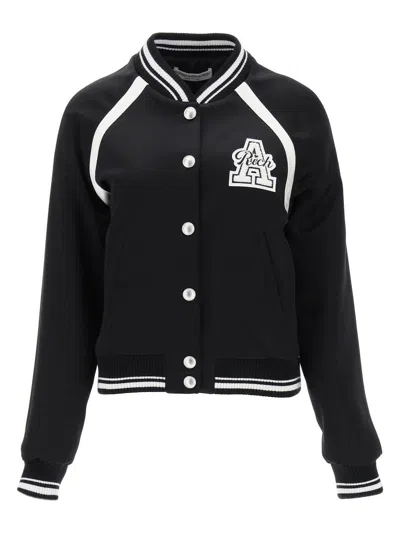 Alessandra Rich Satin Bomber Jacket With Logo Patch In Mixed Colours