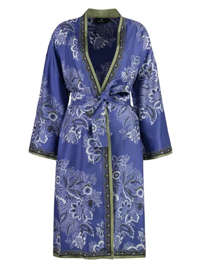 Etro Kesa Floral-print Silk Robe In Blue