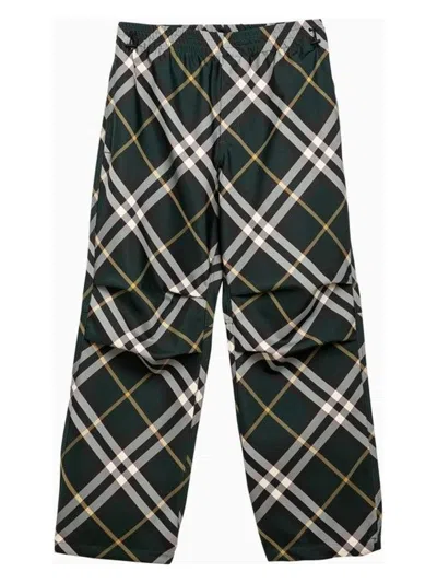 Burberry Men's Check Pattern Trousers With Elastic Waist And Drawstring In Green