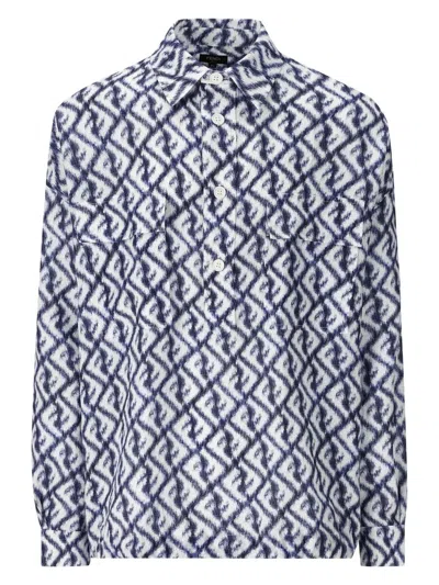 Fendi Navy Linen Ff Chine Shirt For Men In Blue