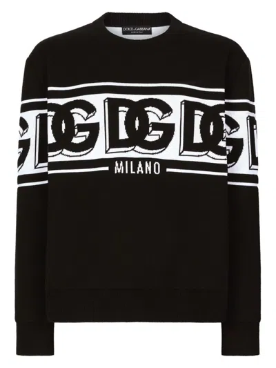 Dolce & Gabbana Black Crewneck Sweater With Dg Motif In Wool Blend Man In Blackwhite