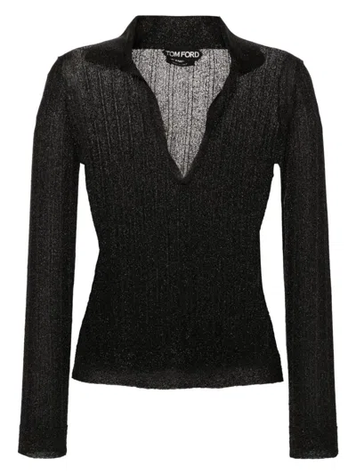 Tom Ford Metallic-threading Knitted Polo Shirt In Black