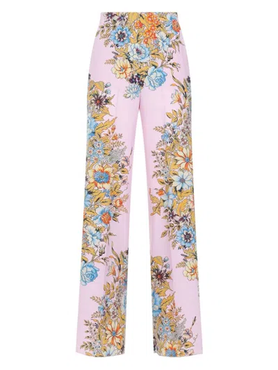 Etro Floral High-rise Silk Wide-leg Pants In Pink & Purple
