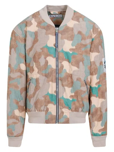 Acne Studios Beige Camouflage Print Bomber Jacket For Men In Multicolour