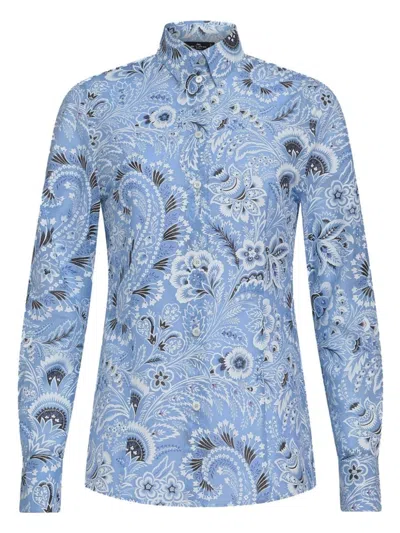 Etro Paisley-print Cotton Blend Shirt In Clear Blue