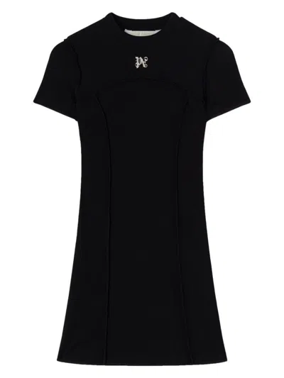 Palm Angels Monogram Ribbed Dress With Frayed Edges In Black