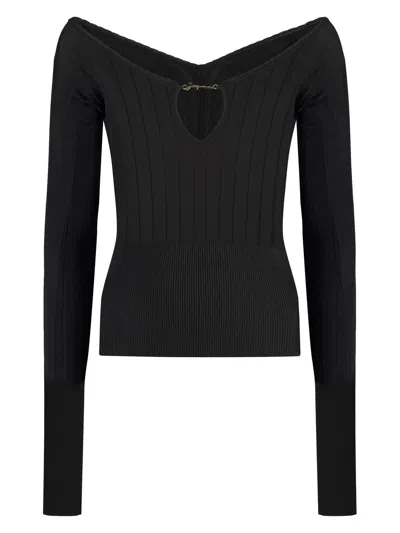 Jacquemus Black Long Sleeve Top With Logo Detail And Cut-out In Black