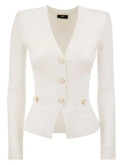 Elisabetta Franchi Shiny Viscose Cardigan With Twin Buttons In Ivory