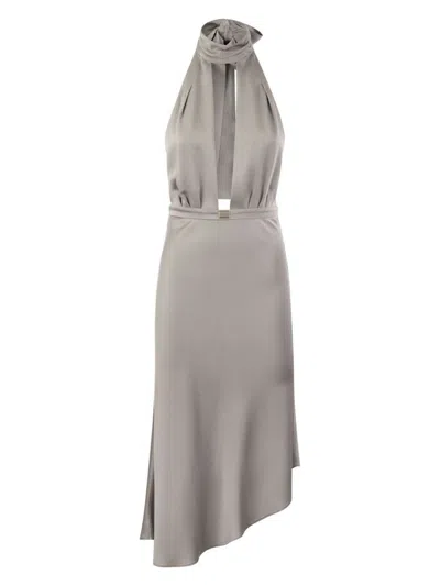 Elisabetta Franchi Satin Midi Dress With Asymmetric Skirt In Silver