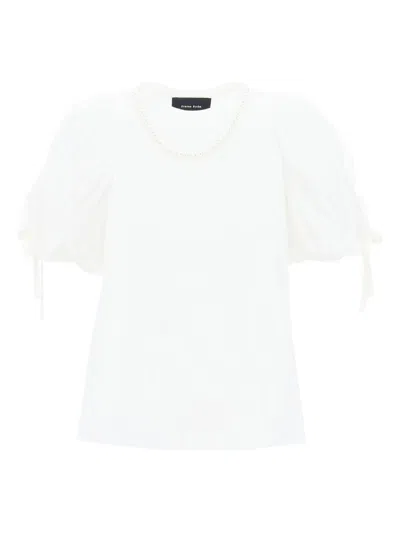 Simone Rocha Tulle Overlay Puff Sleeve T-shirt With Faux Pearl Trim In White