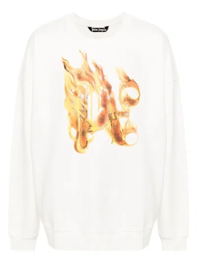 Palm Angels White Crewneck Sweatshirt With Burning Logo Print In Cotton Man In Offwhite