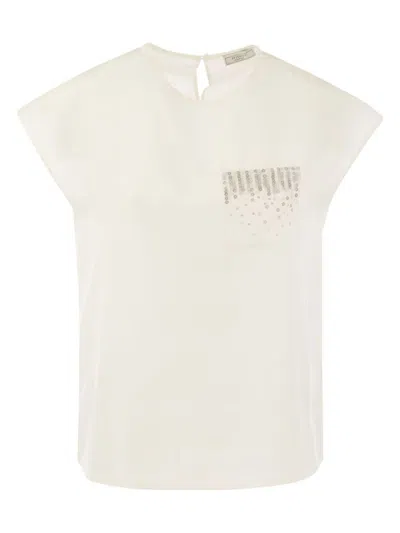Peserico Women's Crepe De Chine Top With Sequin Pocket In White