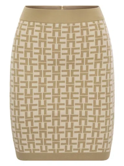 Elisabetta Franchi Monogram Butter Beige Knitted Skirt In Brown