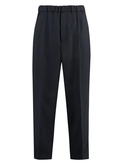 Jil Sander Cropped Tapered Blue Cotton Pants With Elastic Waistband In Blue