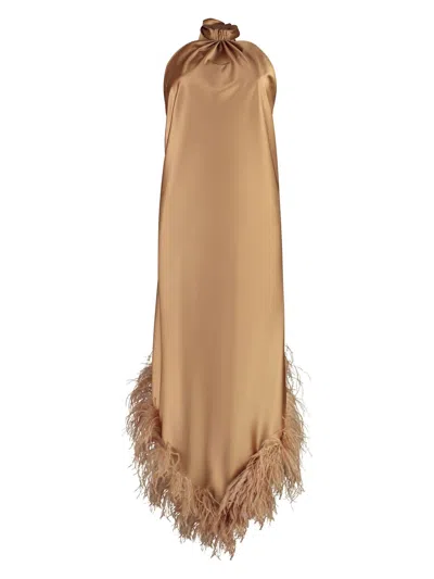 Giuseppe Di Morabito Asymmetrical Satin Dress With Open Back And Feather Hem In Camel