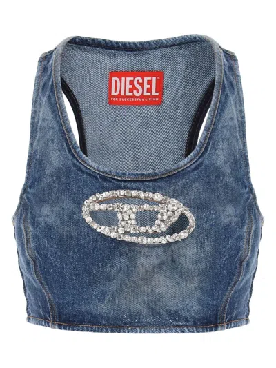 Diesel Denim Crop Top With Jewel Buckle In Blue