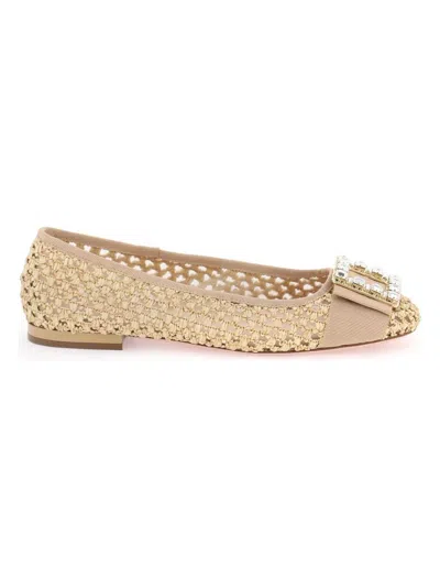Roger Vivier Tres Vivier Raffia Strass Ballerina Flats In Beige