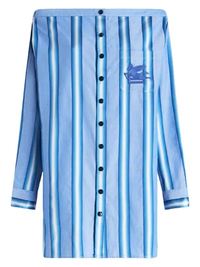Etro Off-the-shoulder Embroidered Striped Cotton And Silk-blend Mini Shirt Dress In Light Blue