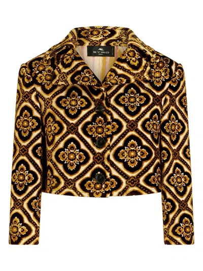 Etro Tapestry Patterned Cropped Velvet Jacket In Brown