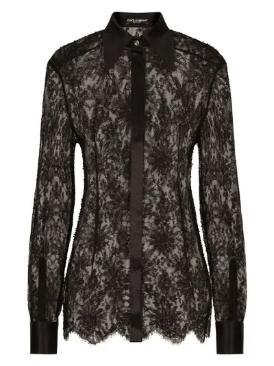 Dolce & Gabbana Black Slim Shirt With Satin Details In Chantilly Lace Woman In Black