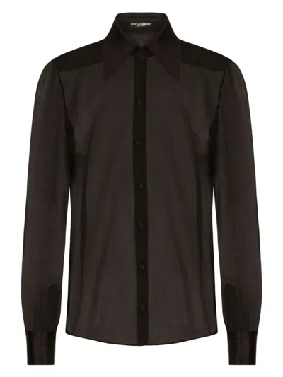 Dolce & Gabbana Silk Chiffon Shirt With Satin Details In Black