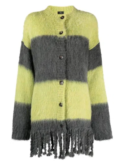 Etro Grey Grey Striped Wool Blend Cardigan In Yellow