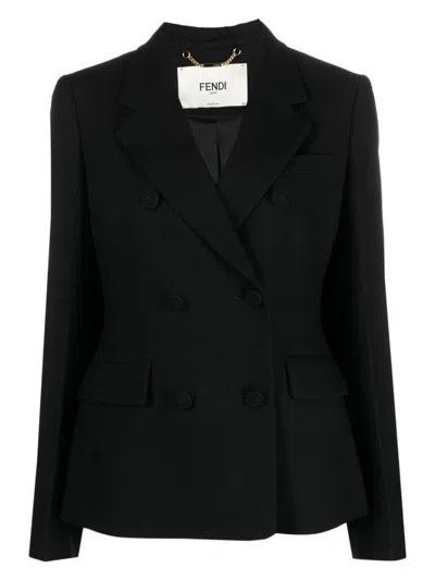 Shop Fendi Women's Wool Double-breasted Blazer Jacket In Black