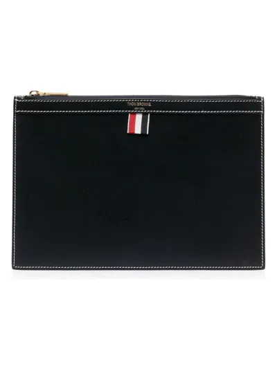 Thom Browne Navy Blue 4-bar Calf Leather Document Holder In Black