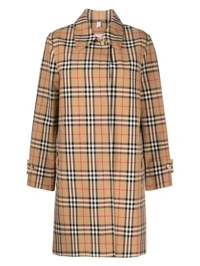 Burberry Tan Check Trench Coat In Beige