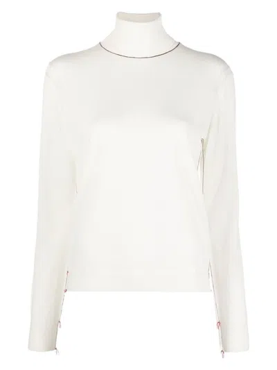 Maison Margiela White High Neck Sweater With Contrasting Stitching In Wool Woman In White