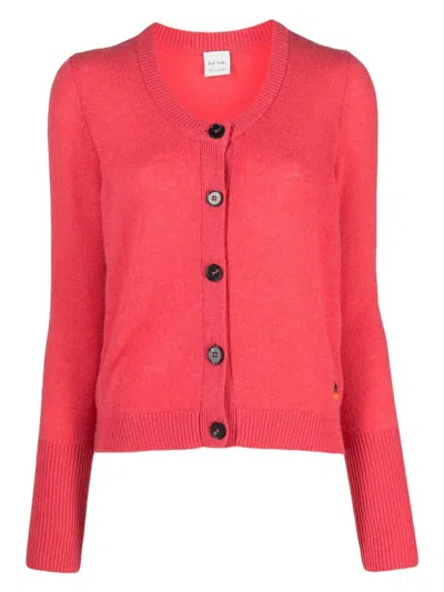 Paul Smith Ribbed Knit Cashmere Cardigan With Round Neck In Pink