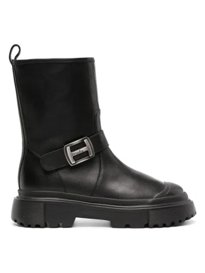 Hogan Black Black H619 Leather Biker Boots In Black