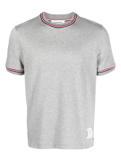 Thom Browne Cotton Crew Neck T-shirt With Striped Trim In Grey