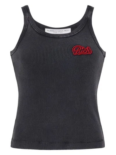 Alessandra Rich Ribbed Jersey Sleeveless Top W/ Patch In Grey