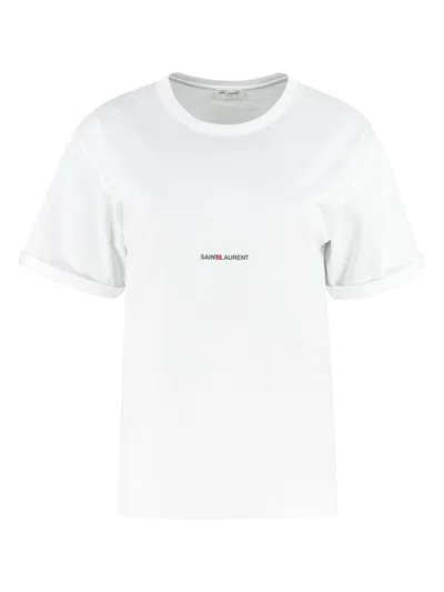 Saint Laurent Basic White T-shirt With Miiddle Logo Print In Cotton Woman In White
