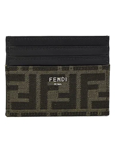 Fendi Brown Card-holder With Metal Lettering In Leather And Ff Canvas Man In Brown
