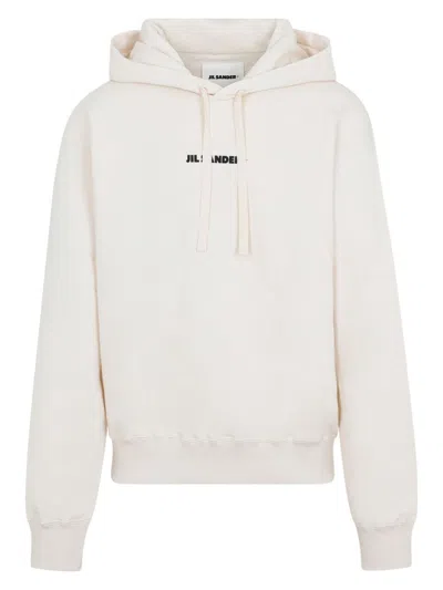 Jil Sander Logo Print Cotton Hoodie In Ecru
