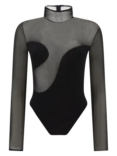 Nensi Dojaka Bodysuit With Asymmetric Line And Sheer Panels In Black