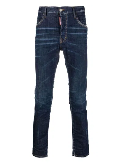 Dsquared2 Blue Jeans With Belt Loops And Logo Patch On The Rear In Blue Navy