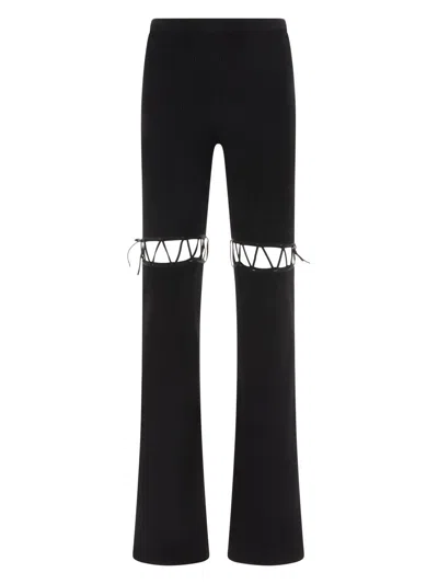 Nensi Dojaka Ribbed Waistband Flared Pant With Cut-out Lacing In Black