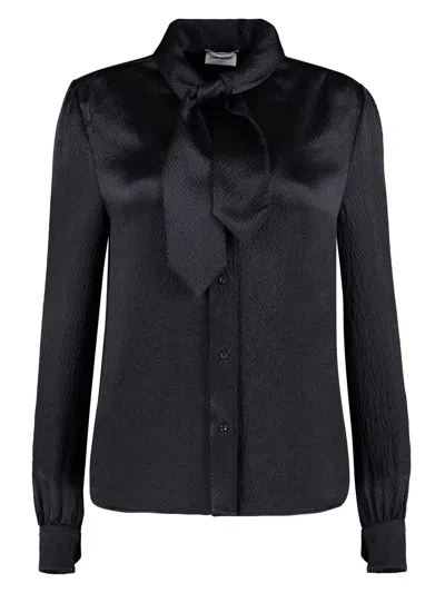 Saint Laurent Black Lavalliere Silk Shirt In Black
