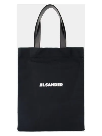 Jil Sander Logo Print Cotton-linen Blend Tote Bag In Black