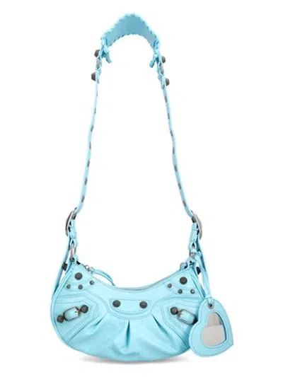 Balenciaga Leather Cagole Shoulder Bag With Studded Detail In Blue