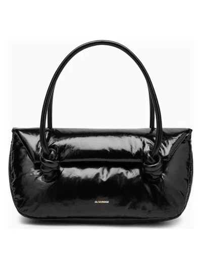 Jil Sander Knot Small Black Shoulder Bag With Laminated Logo In Patent Leather In Black