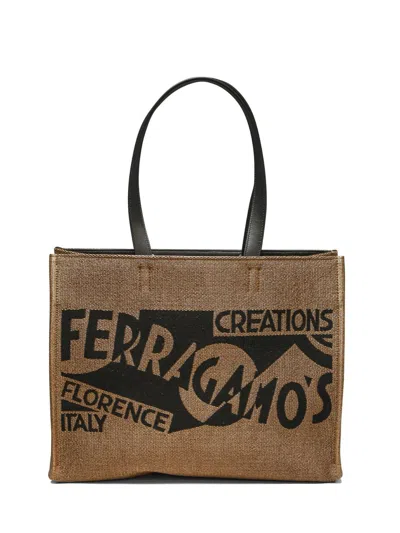 Ferragamo Logo Embossed Tote Bag In Beige